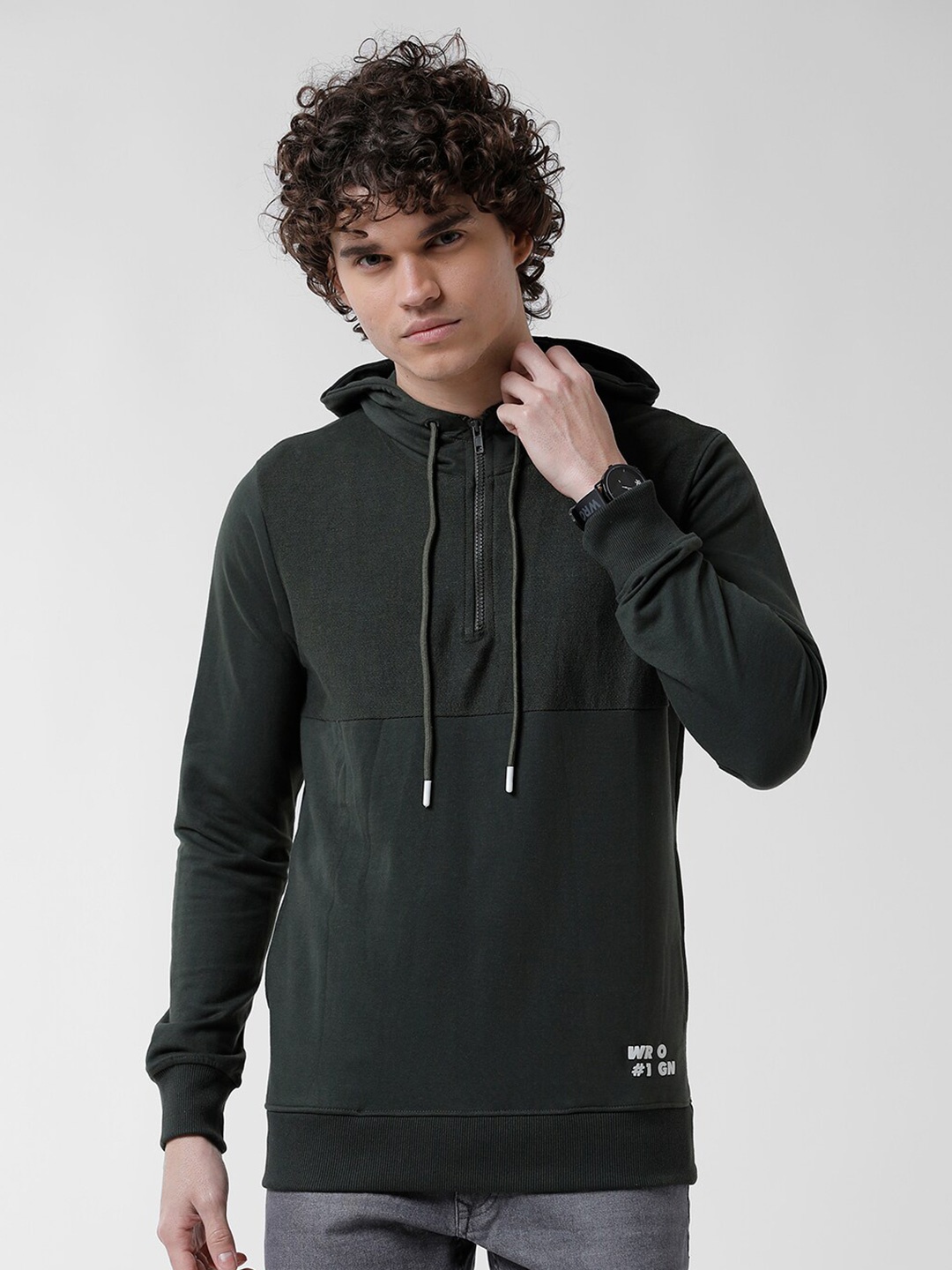 

WROGN Men Colourblocked Hooded Cotton Sweatshirt, Olive