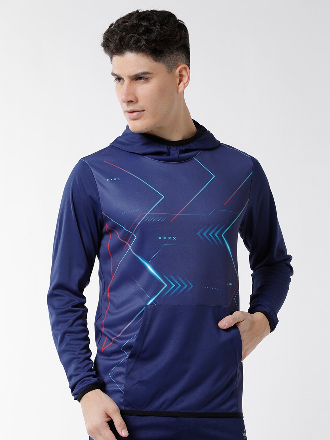 

WROGN Men Printed Hooded Sweatshirt, Navy blue