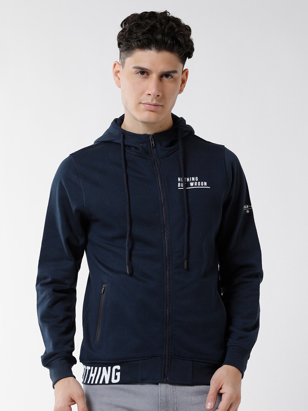 

WROGN Men Printed Hooded Sweatshirt, Navy blue