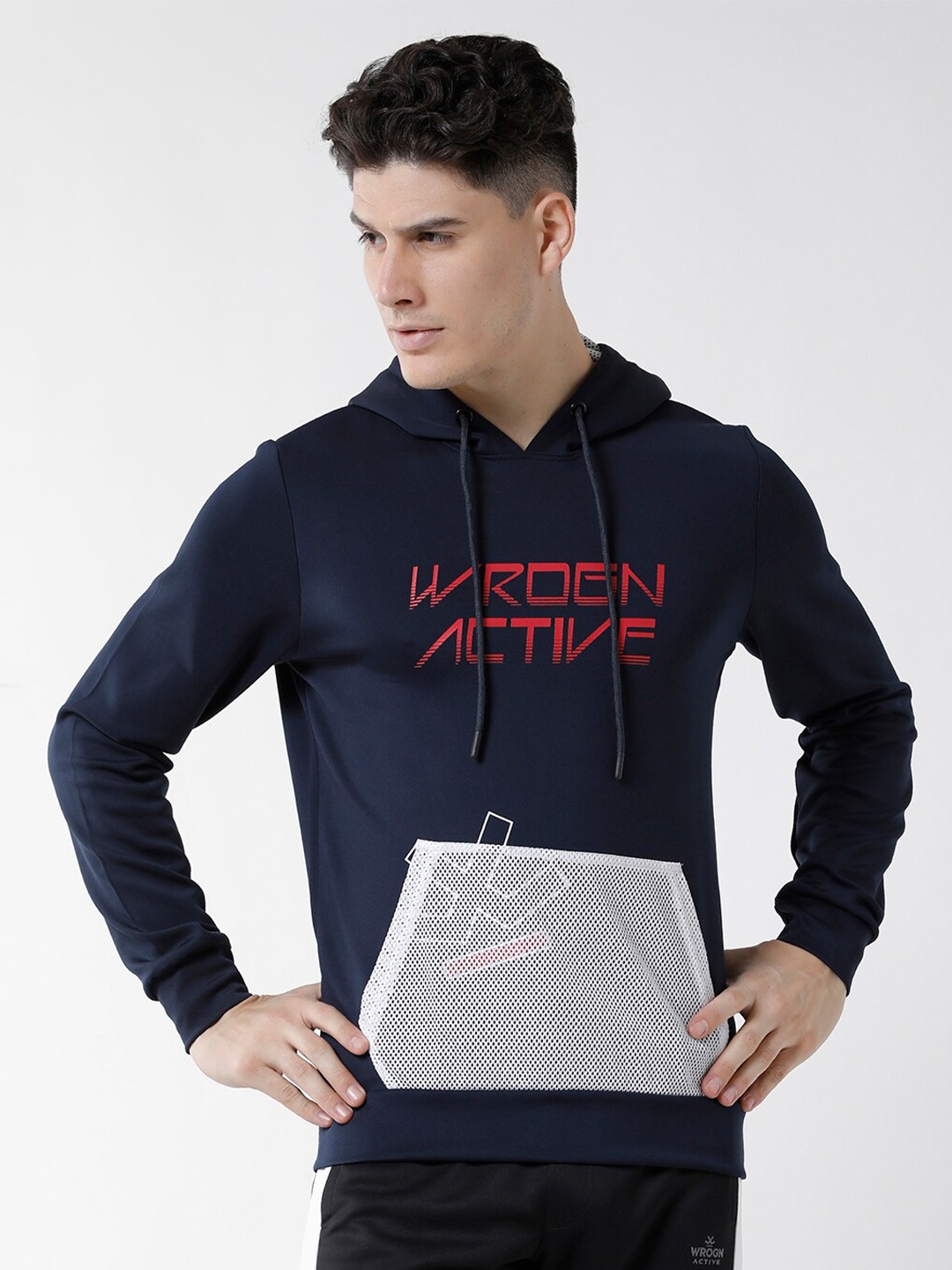 

WROGN Men Printed Hooded Sweatshirt, Navy blue