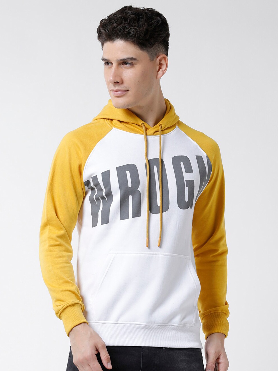 

WROGN Men Typography Printed Hooded Sweatshirt, Mustard