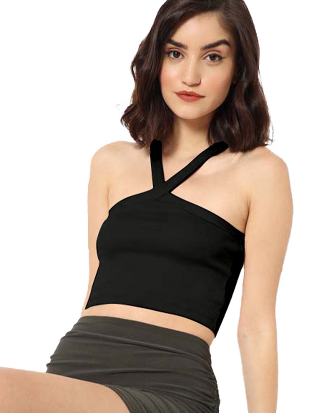 

ODETTE Halter Neck Crop Cotton Top, Black