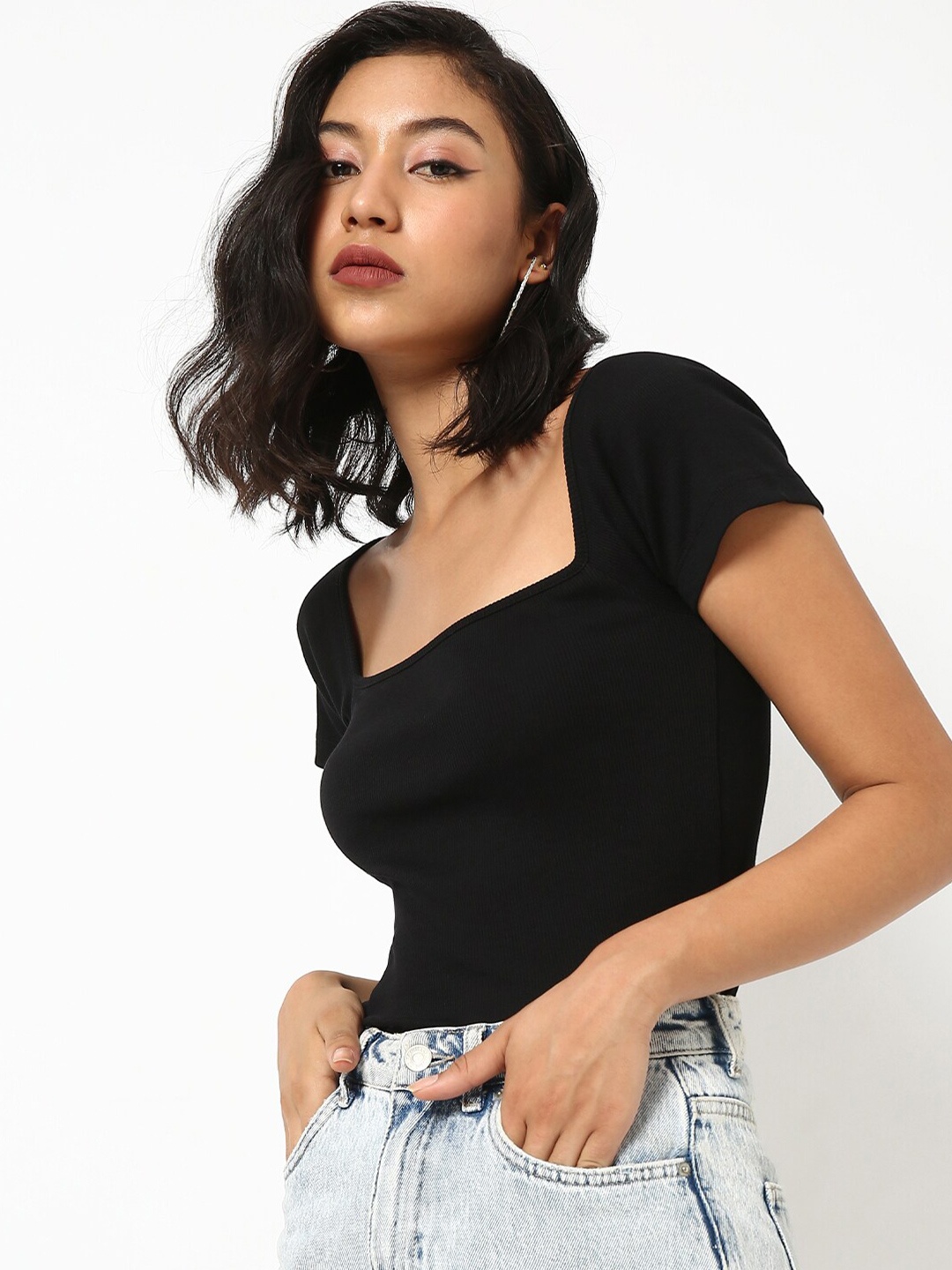 

ODETTE Square Neck Regular Cotton Top, Black