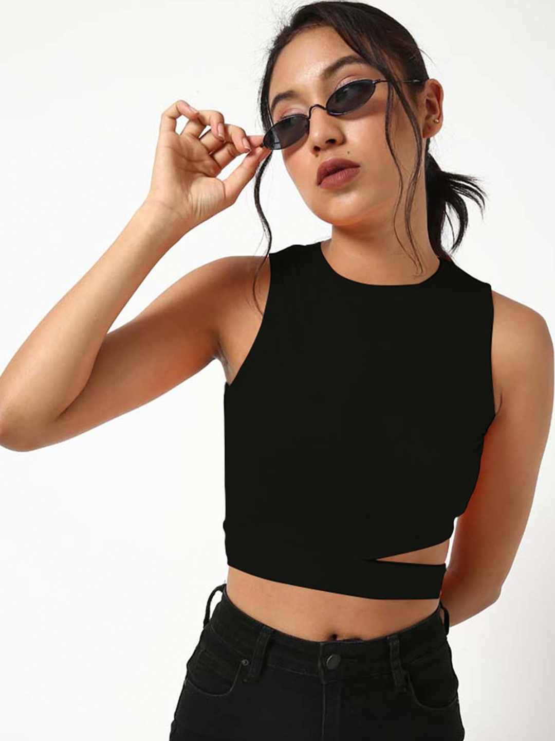 

ODETTE Cut Out Crop Fitted Cotton Top, Black