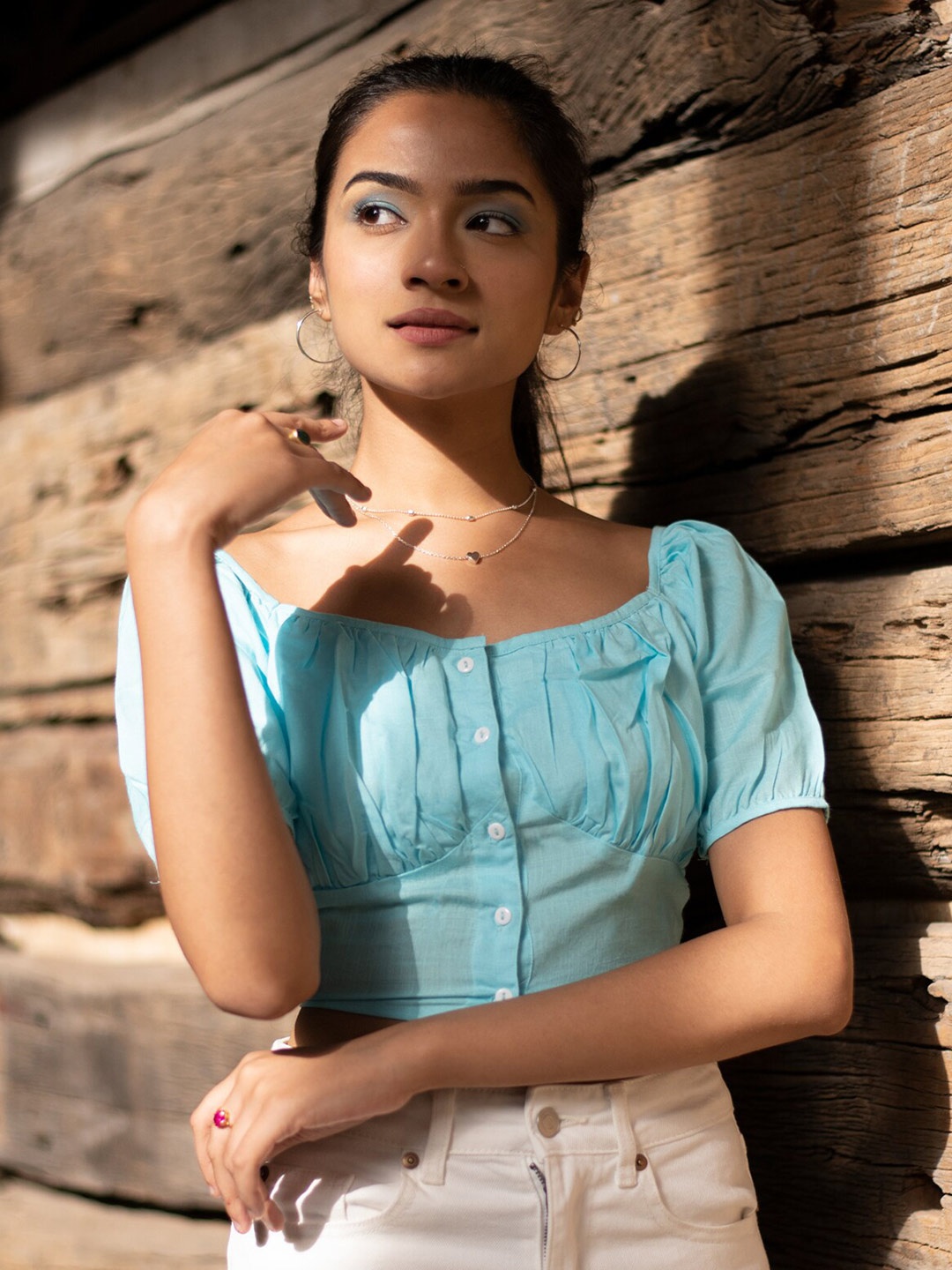 

ODETTE Square Neck Bardot Puff Sleeve Crop Top, Turquoise blue