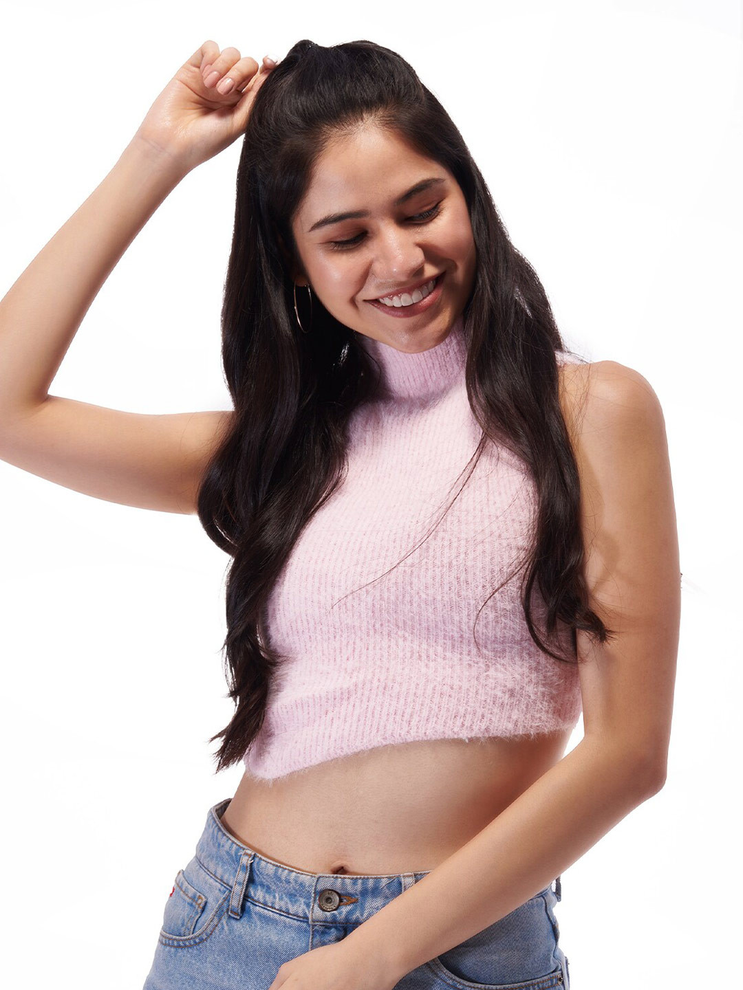 

ODETTE High Neck Wool Fitted Crop Top, Pink