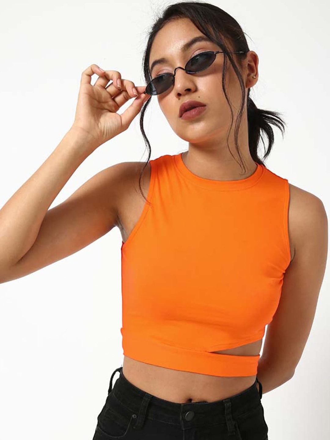 

ODETTE Cut-Out Round Neck Sleeveless Cotton Crop Top, Orange