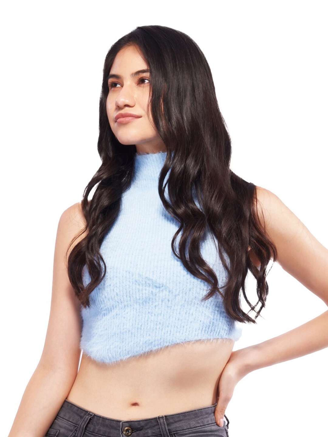 

ODETTE High-Neck Styled Back Wool Crop Top, Blue