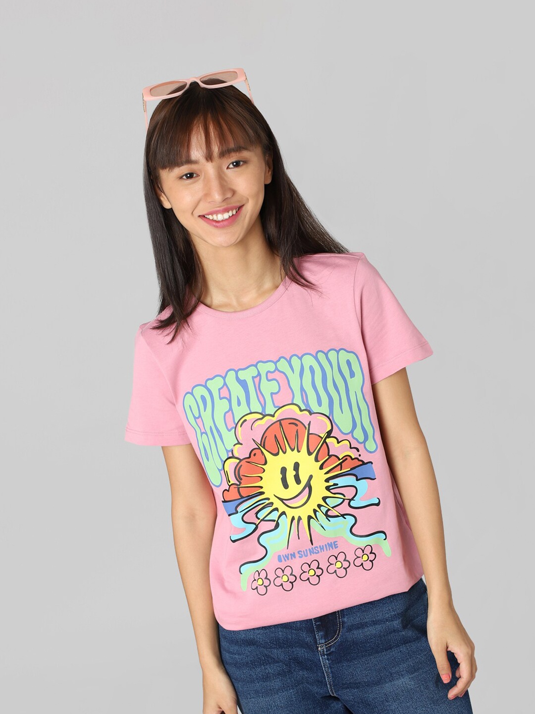 

ONLY Women Printed Cotton T-shirt, Pink