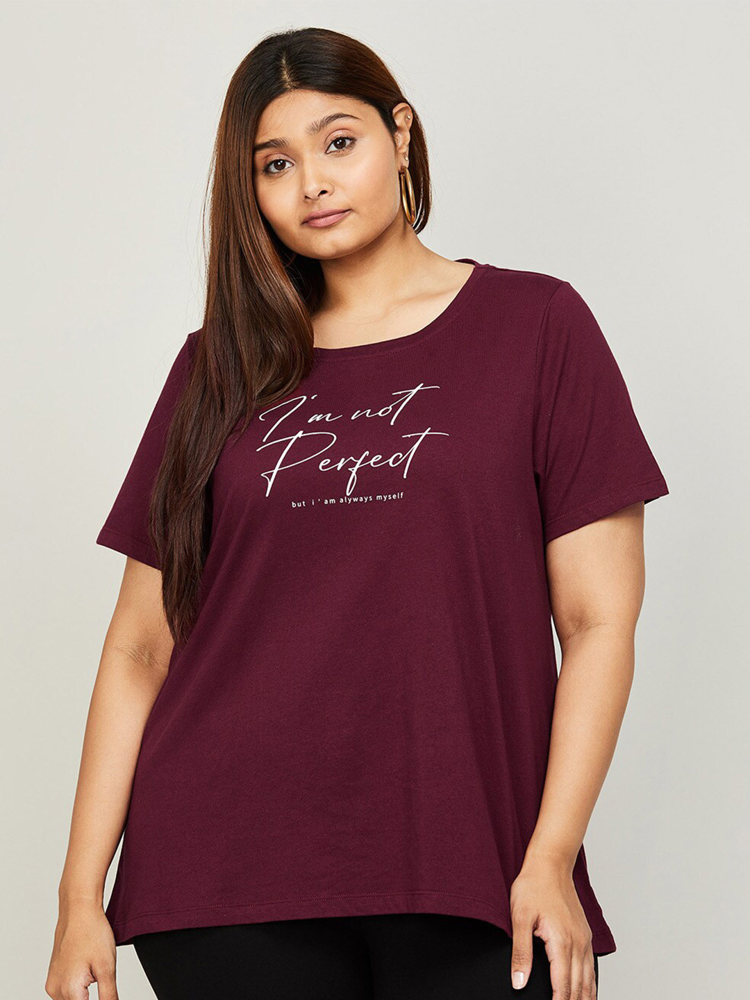 

nexus Women Typography Printed Pure Cotton Plus Size T-shirt, Purple