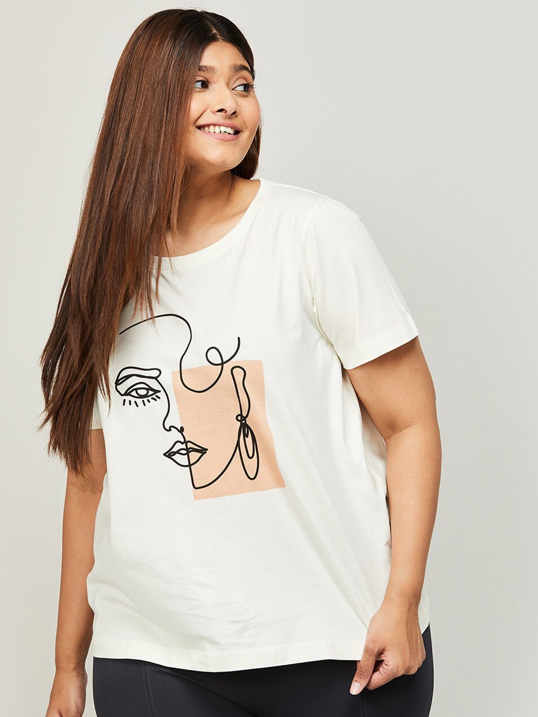 

Nexus by Lifestyle Plus Size Women Graphic Printed Pure Cotton T-shirt, Cream