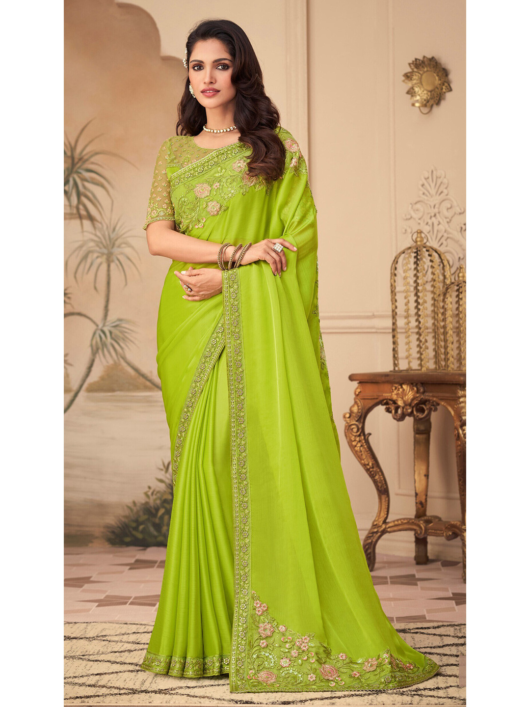 

Mitera Embroidered Silk Blend Saree, Green