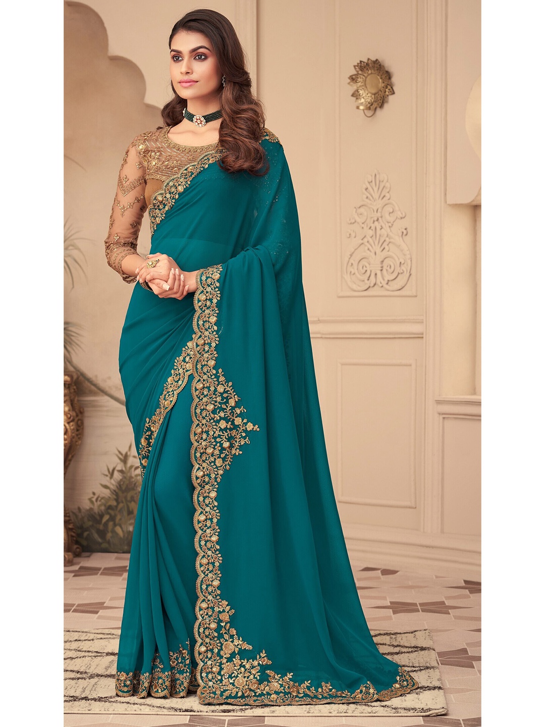 

Mitera Poly Georgette Embroidered Saree, Teal