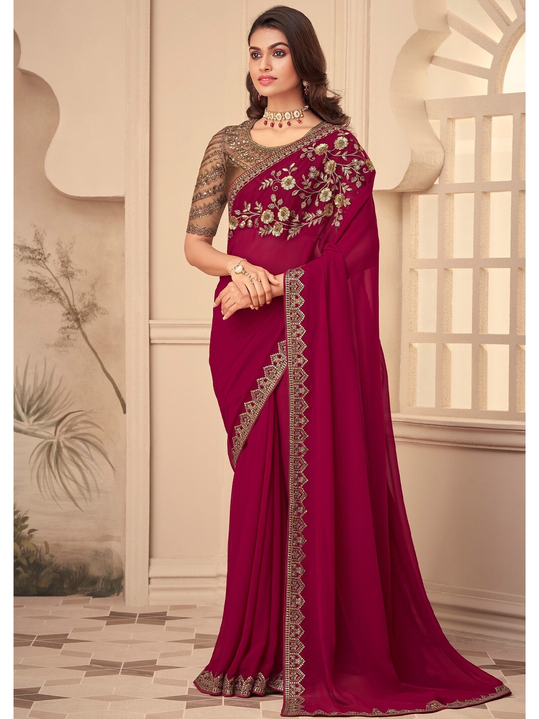 

Mitera Poly Georgette Embroidered Saree, Pink