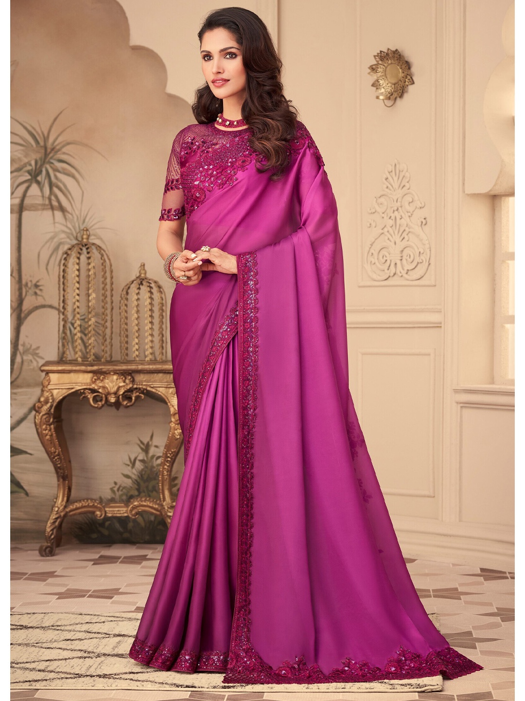 

Mitera Sequinned Silk Blend Saree, Pink