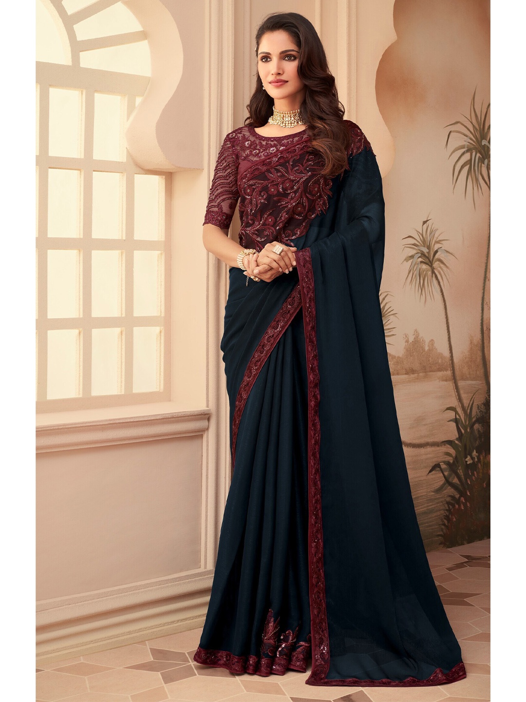 

Mitera Embroidered Saree, Navy blue