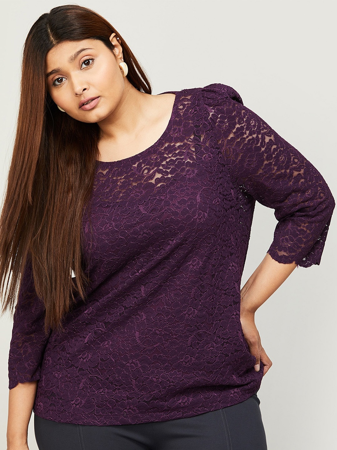 

Nexus by Lifestyle Round Neck Puff Sleeves Top, Purple
