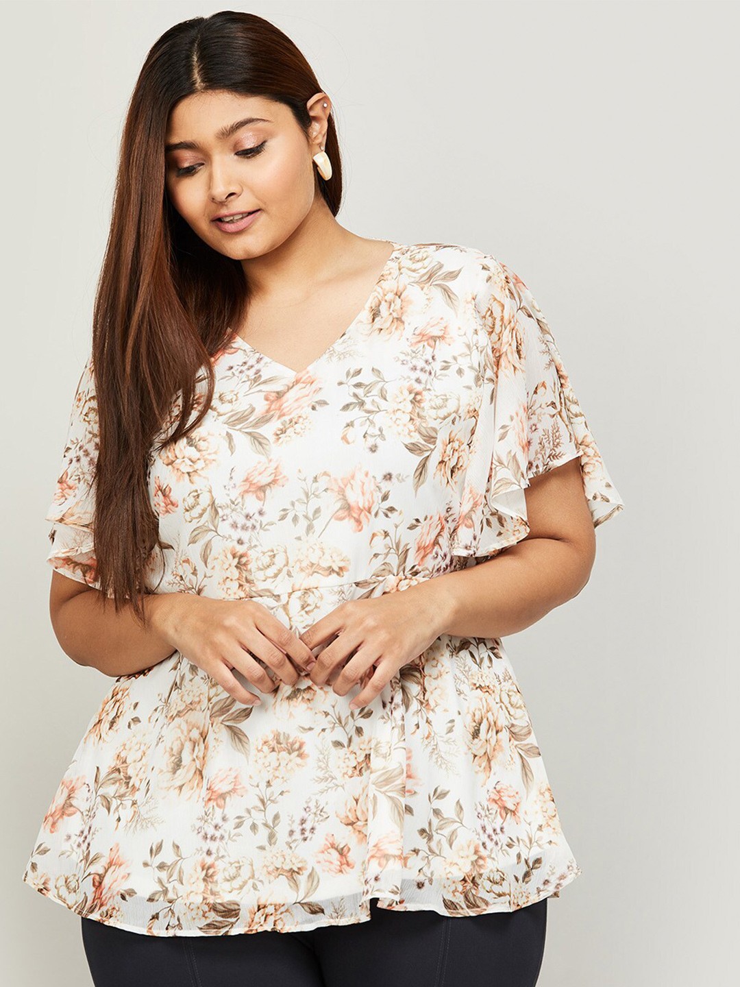

Nexus by Lifestyle Floral Print Peplum Cotton Top, White