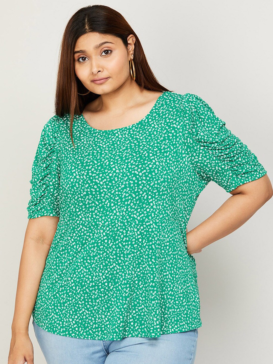 

Nexus by Lifestyle Plus Size Floral Print Puff Sleeves Top, Green