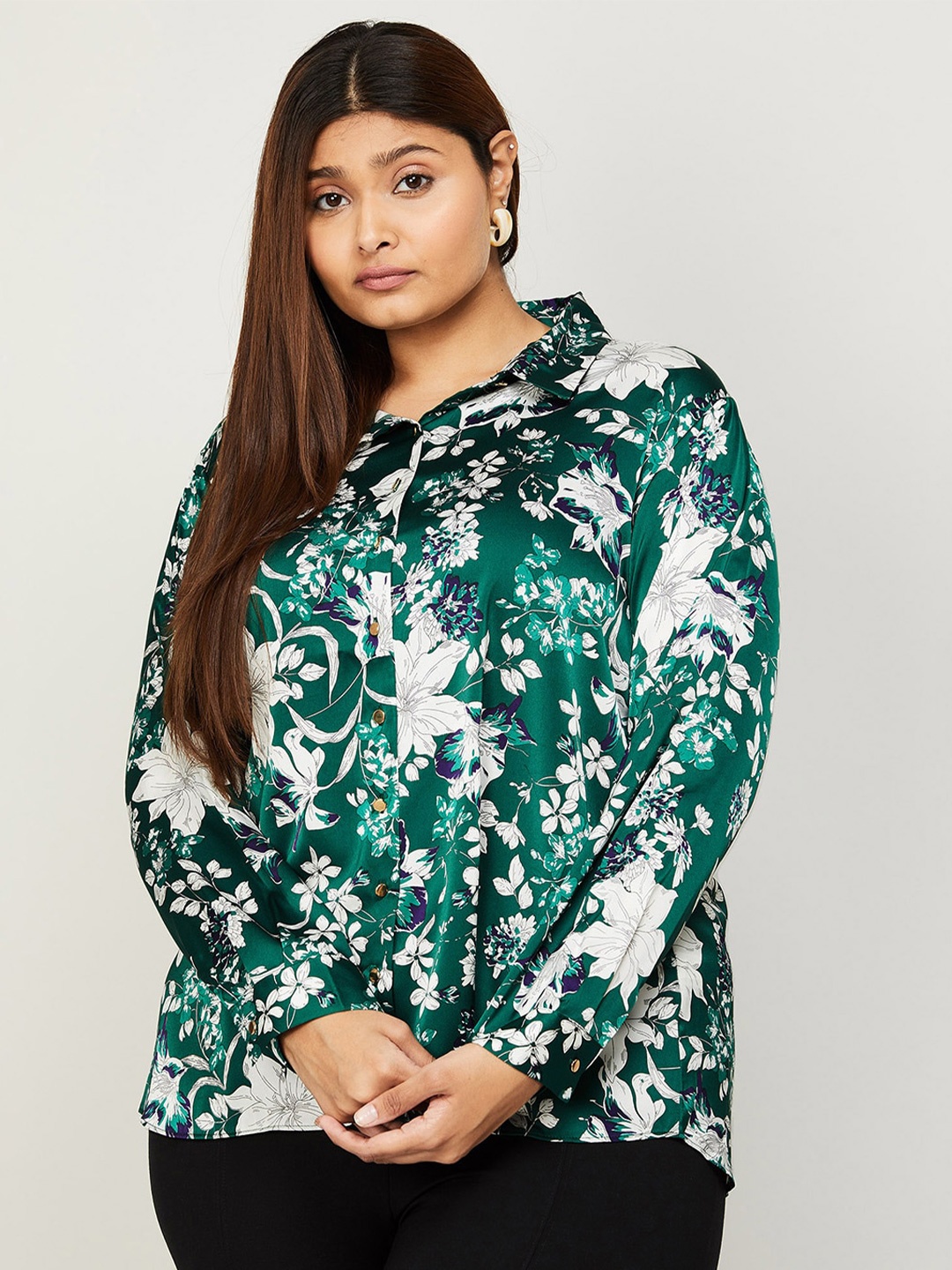 

Nexus by Lifestyle Plus Size Floral Print Cuffed Sleeves Shirt Style Top, Green
