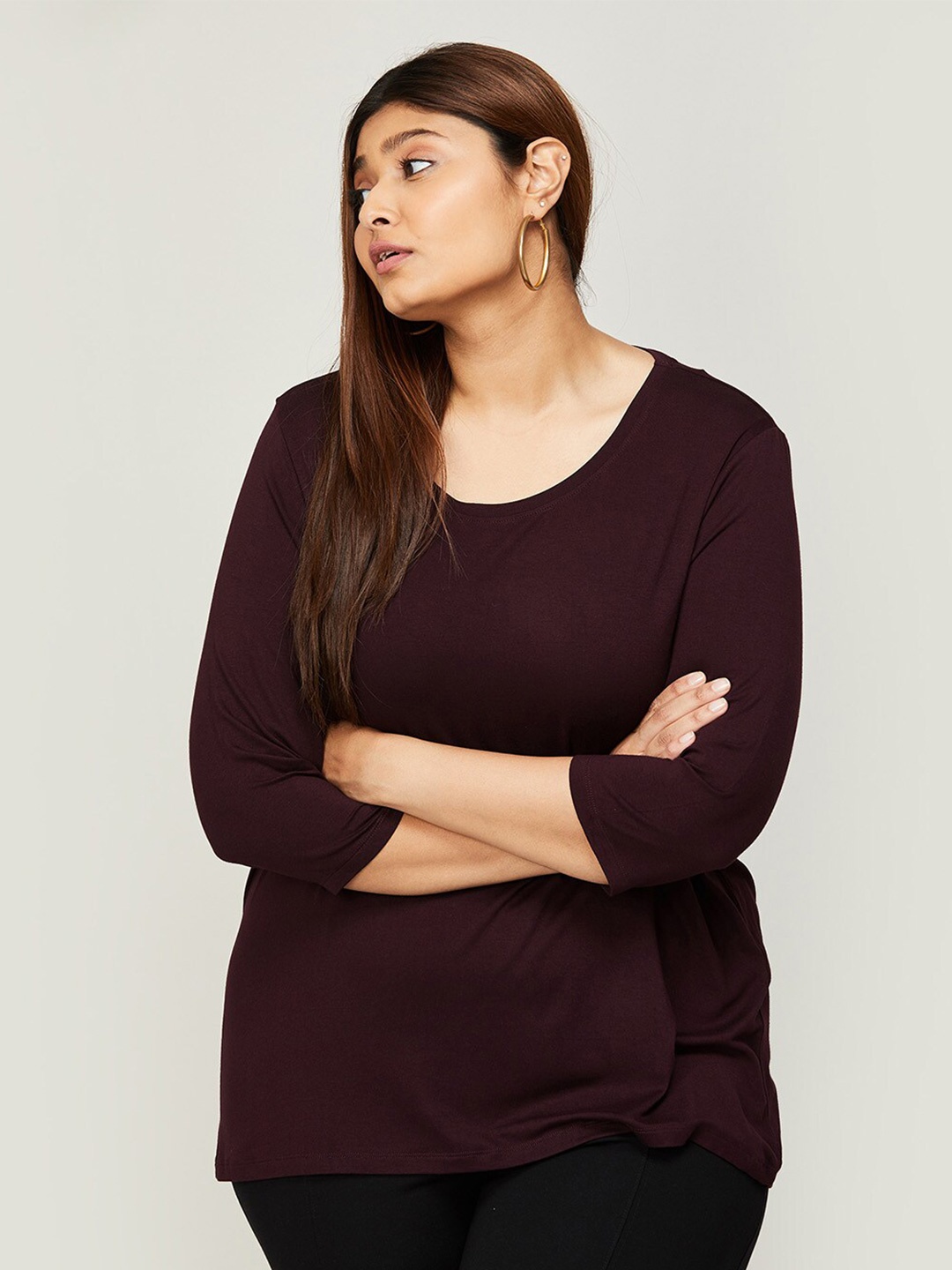 

Nexus by Lifestyle Plus Size Round Neck Three Quarter Sleeves Top, Burgundy
