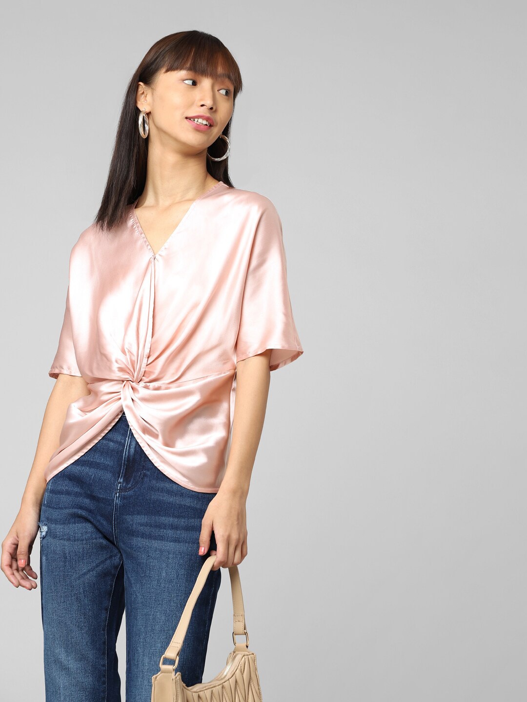 

ONLY Extended Sleeves Twisted Wrap Crop Top, Pink