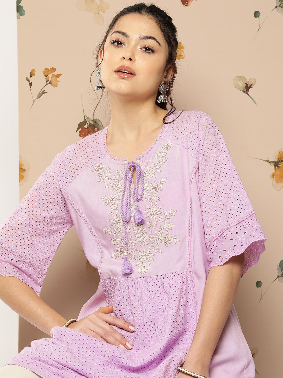 

Nayam By Lakshita Floral Embroidered Tie-Up Neck Flared Sleeves Kurti, Lavender