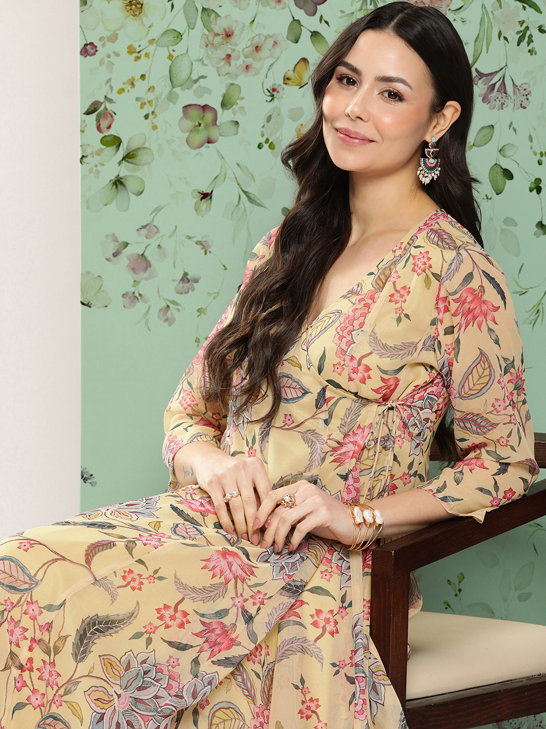 

Bhama Couture Floral Georgette Maxi Dress, Yellow