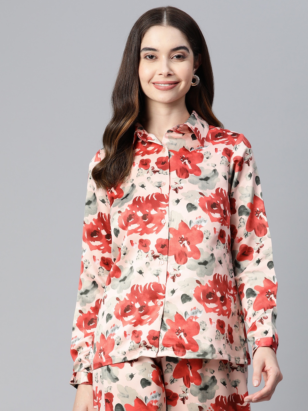 

plusS Floral Printed Casual Shirt, Peach