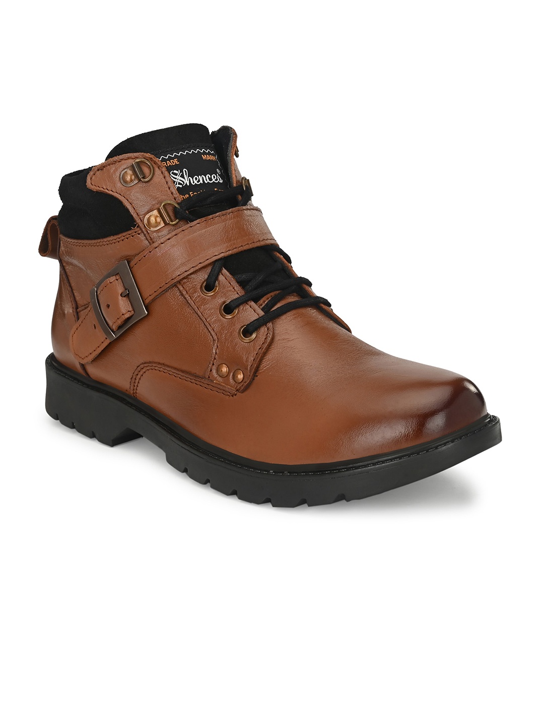 

SHENCES Men Mid-Top Leather Biker Boots, Tan