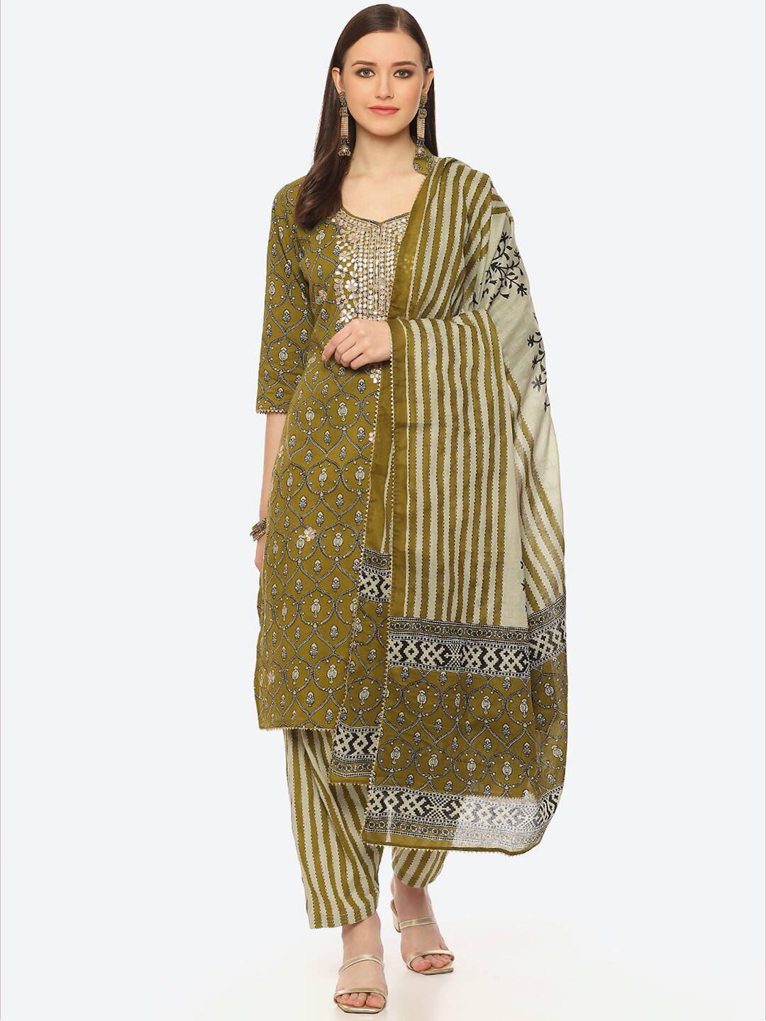 

Biba Ethnic Motif Printed Gotta Patti Unstitched Dress Material, Green