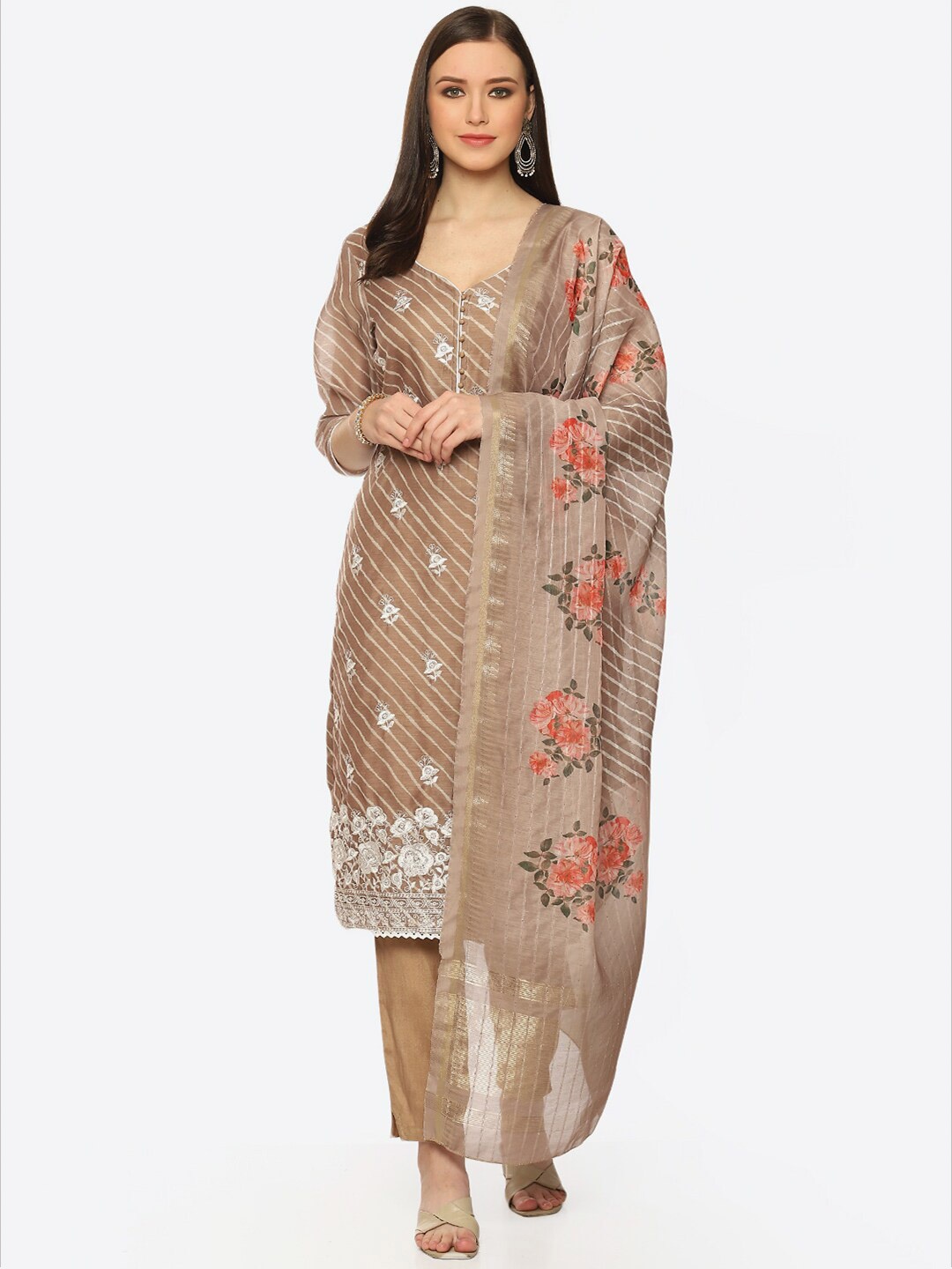

Biba Floral Embroidered Gotta Patti Unstitched Dress Material, Brown