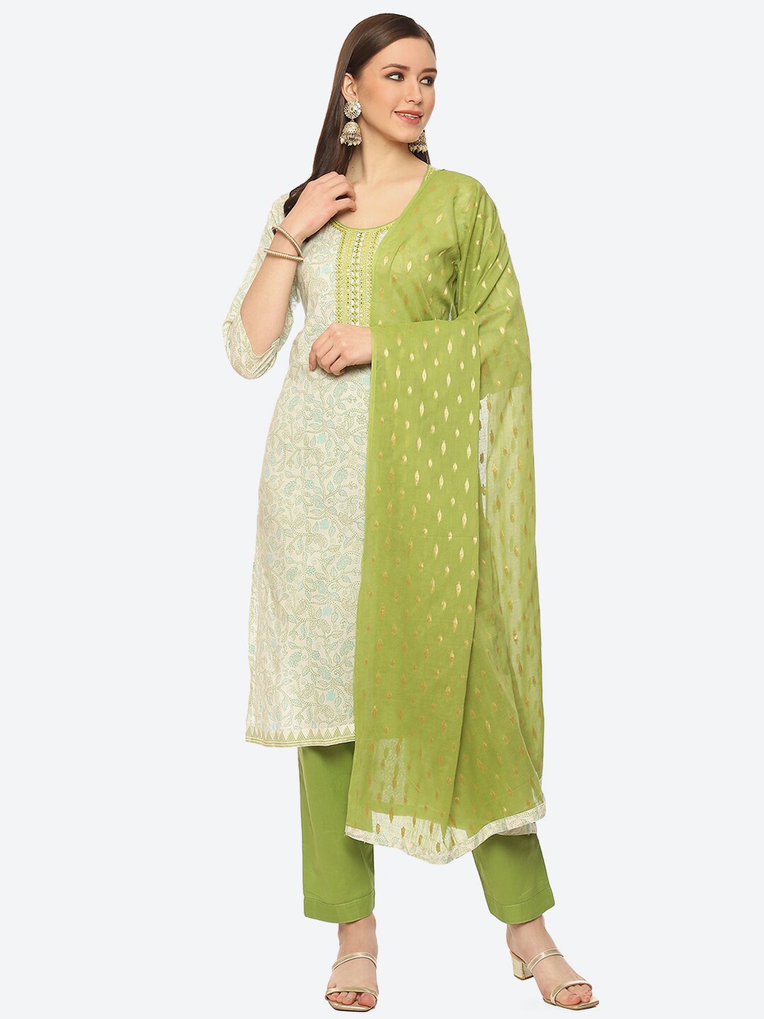 

Biba Printed Unstitched Dress Material, Green
