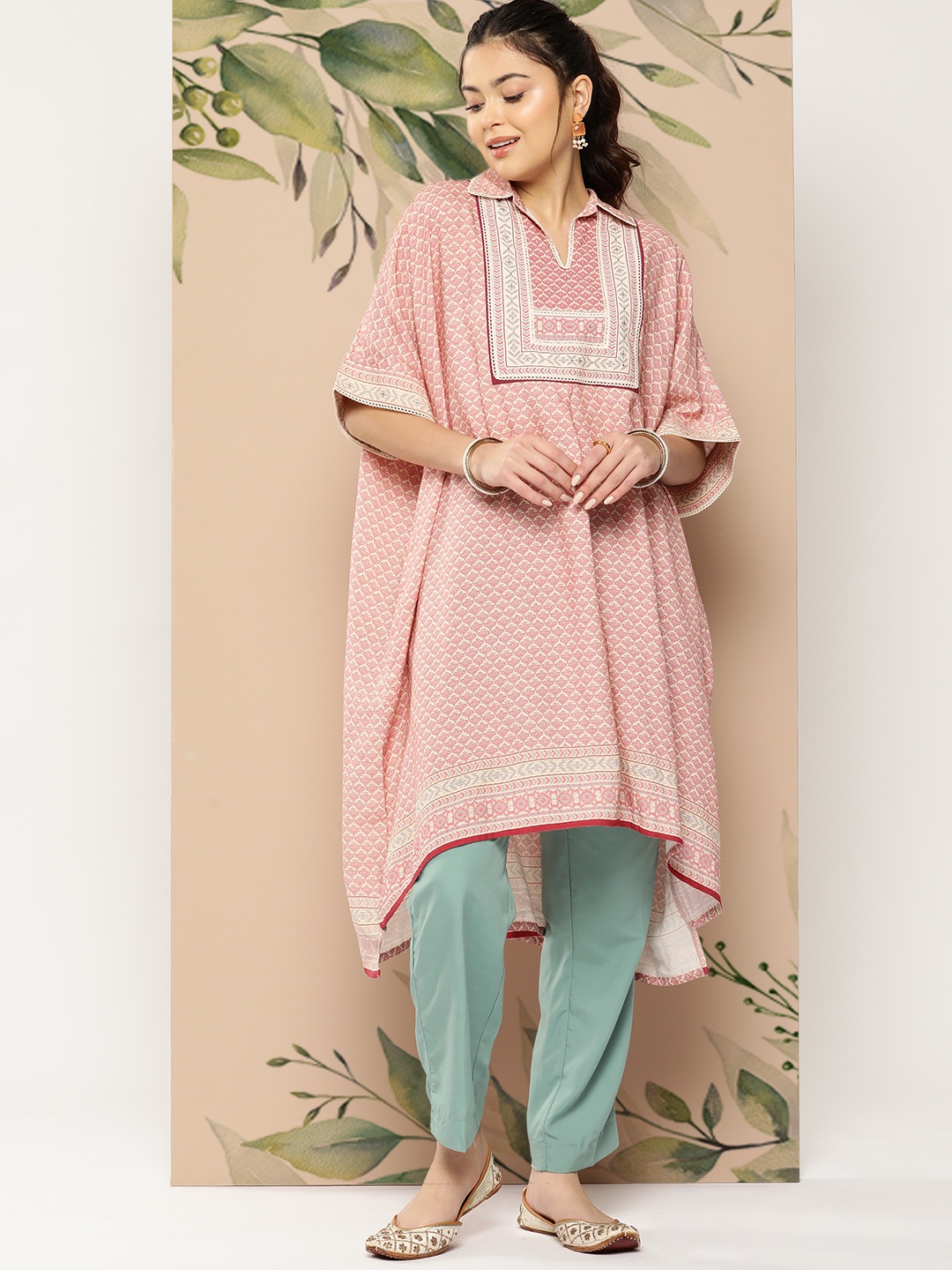 

Nayam By Lakshita Ethnic Motifs Printed Flared Sleeves Kaftan Kurta, Pink