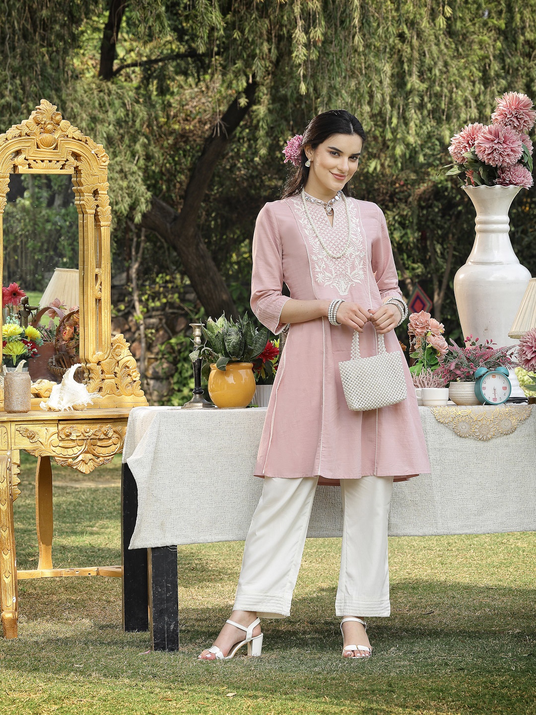 

Nayam By Lakshita Floral Sequinned Kurta With Palazzos, Pink
