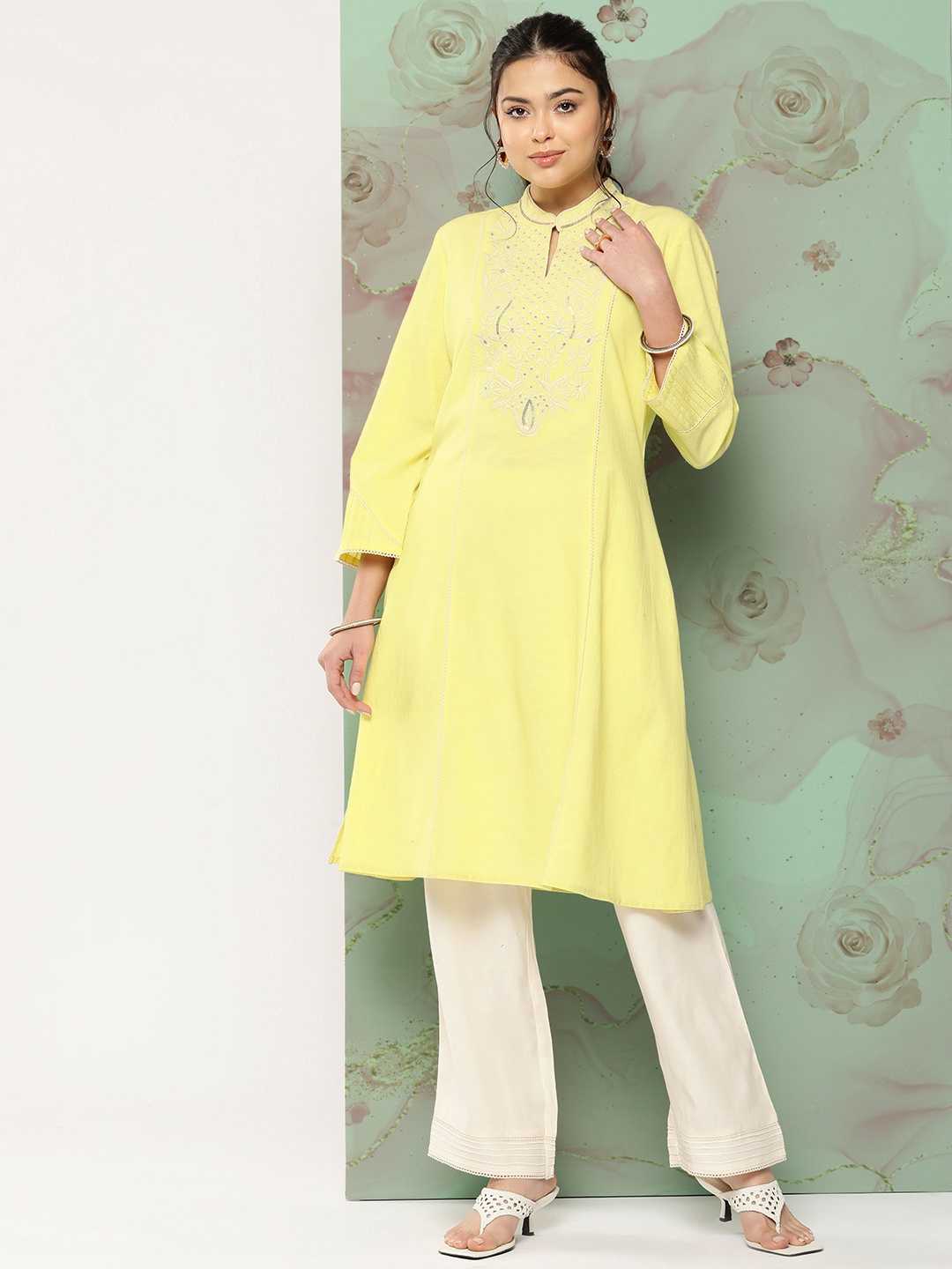 

Nayam By Lakshita Floral Sequinned Kurta With Palazzos, Yellow
