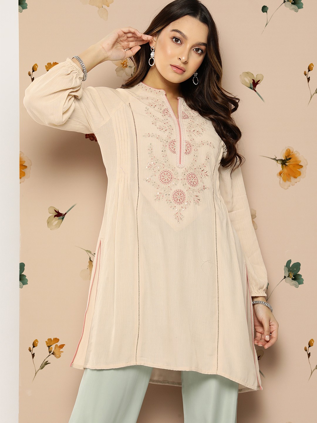 

Nayam By Lakshita Floral Embroidered Puff Sleeves Tunic, Beige