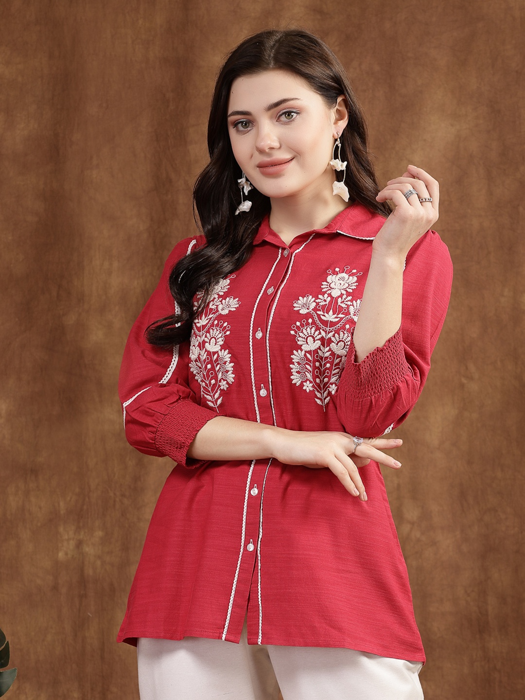 

Nayam By Lakshita Floral Shirt Style Puff Sleeves Longline Top, Fuchsia