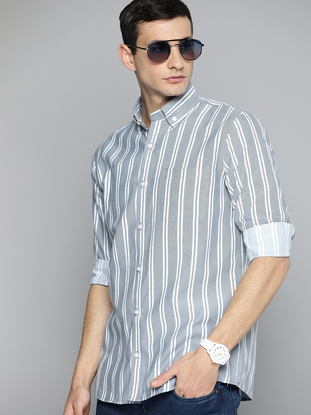 

DENNISON Smart Regular Fit Vertical Stripes Casual Shirt, Turquoise blue