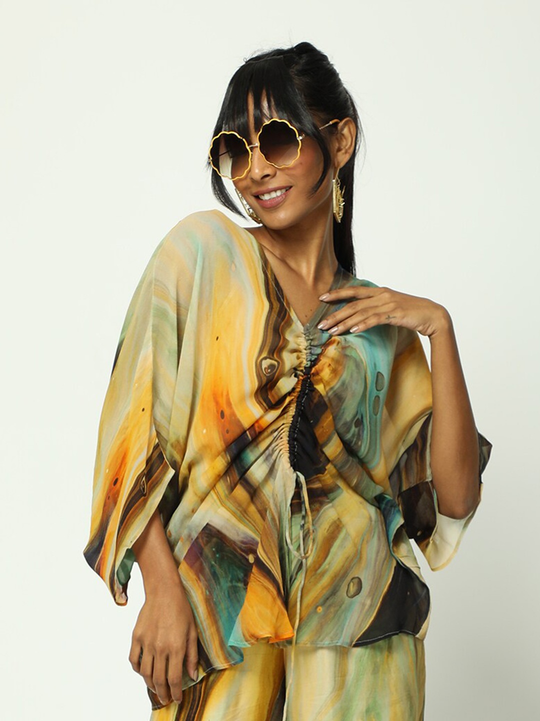 

MISSY Abstract Print Extended Sleeves Georgette Kaftan Top, Green