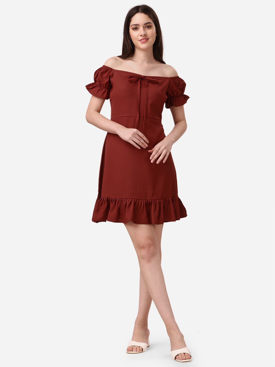 

Fashfun Off-Shoulder Puff Sleeves A-Line Dress, Brown