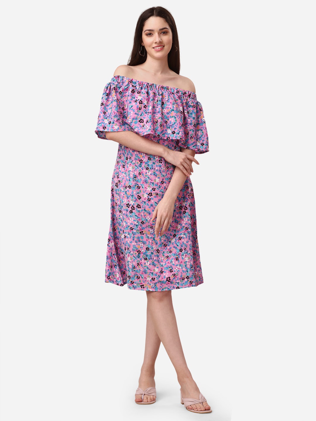 

Fashfun Floral Printed Off-Shoulder A-Line Dress, Pink