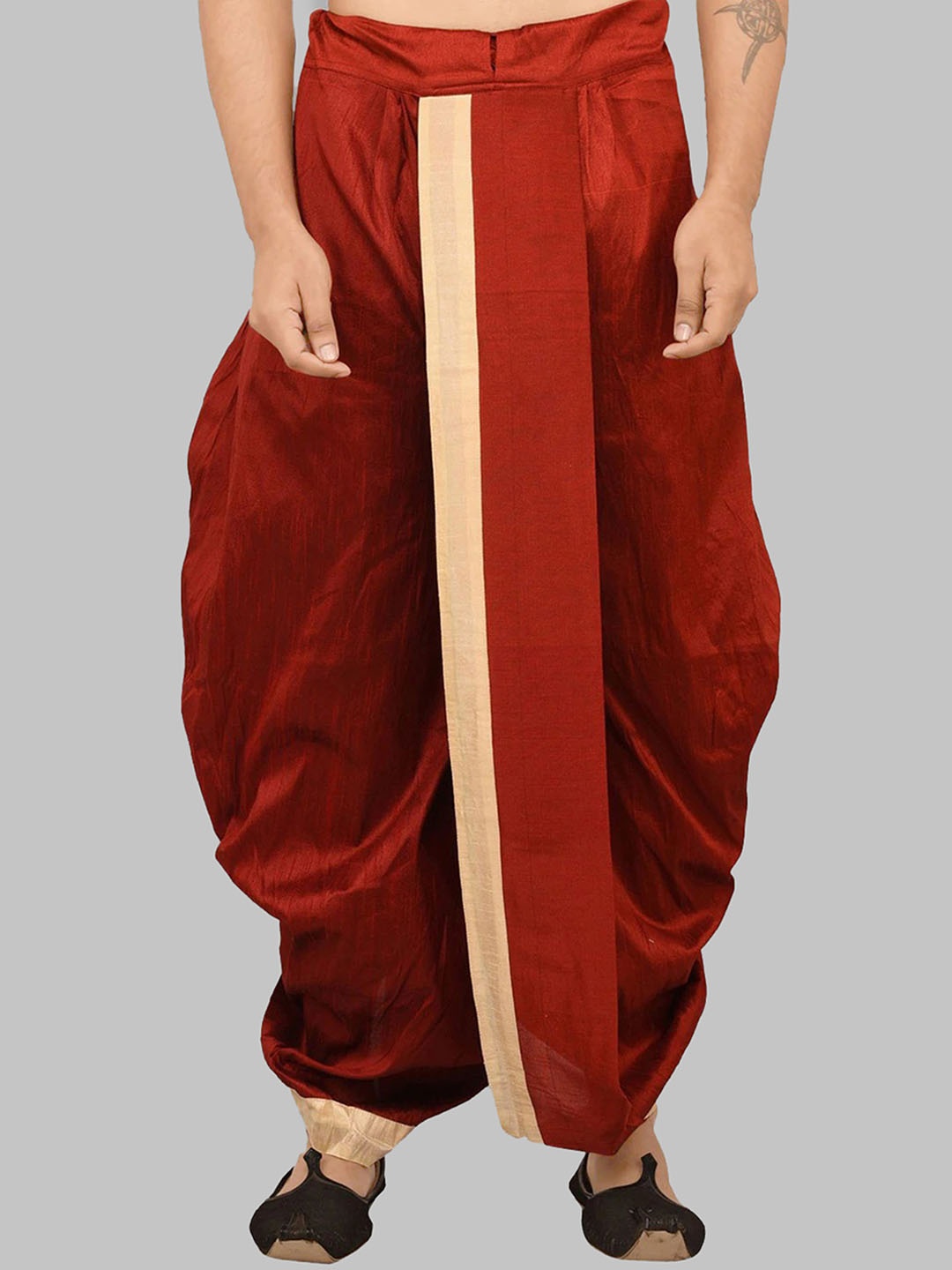 

ROYAL KURTA Men Solid Silk Ready To Wear Dhoti Pants, Maroon