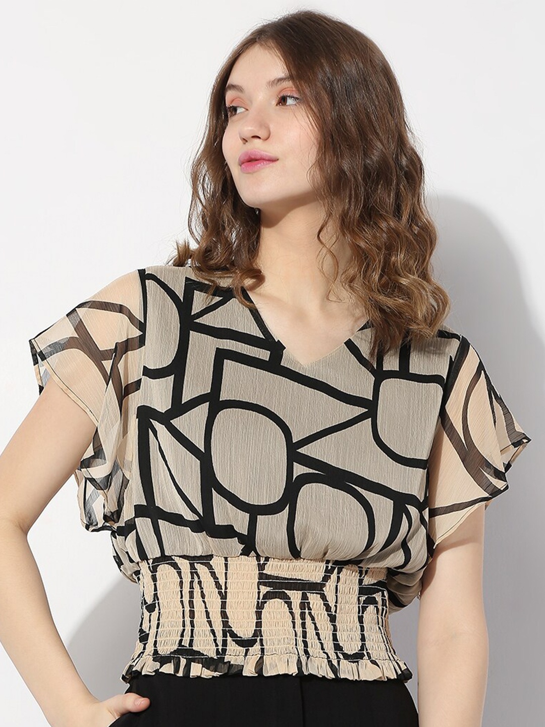 

Vero Moda V-Neck Geometric Printed Smocking Blouson Top, Beige