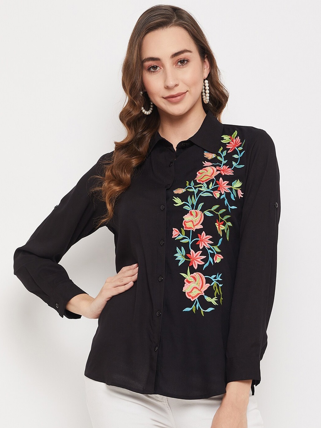 

Ruhaans Women Classic Floral Embroidred Casual Shirt, Black