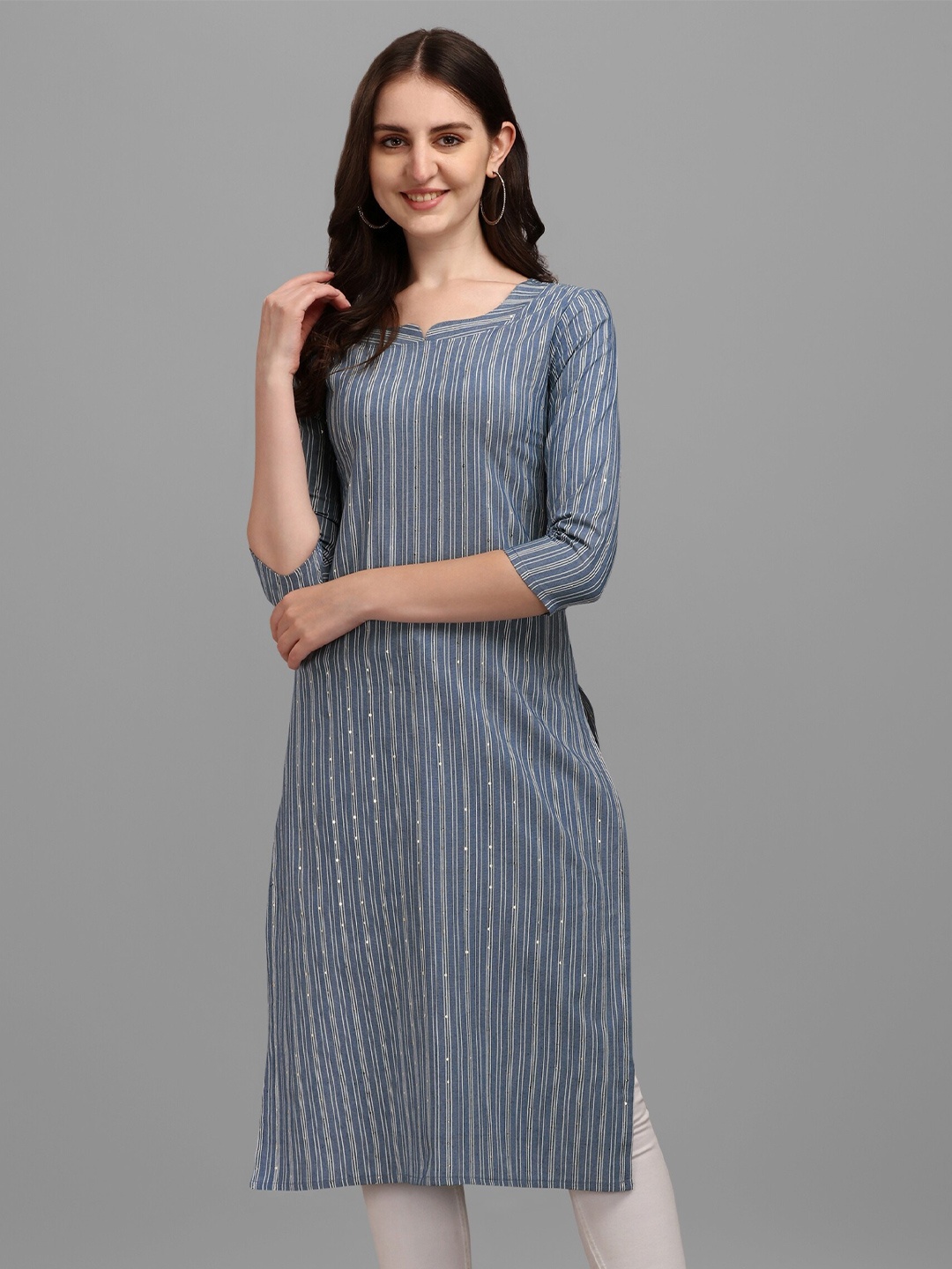 

Vaidehi Fashion Women Striped Sequined Kurta, Grey