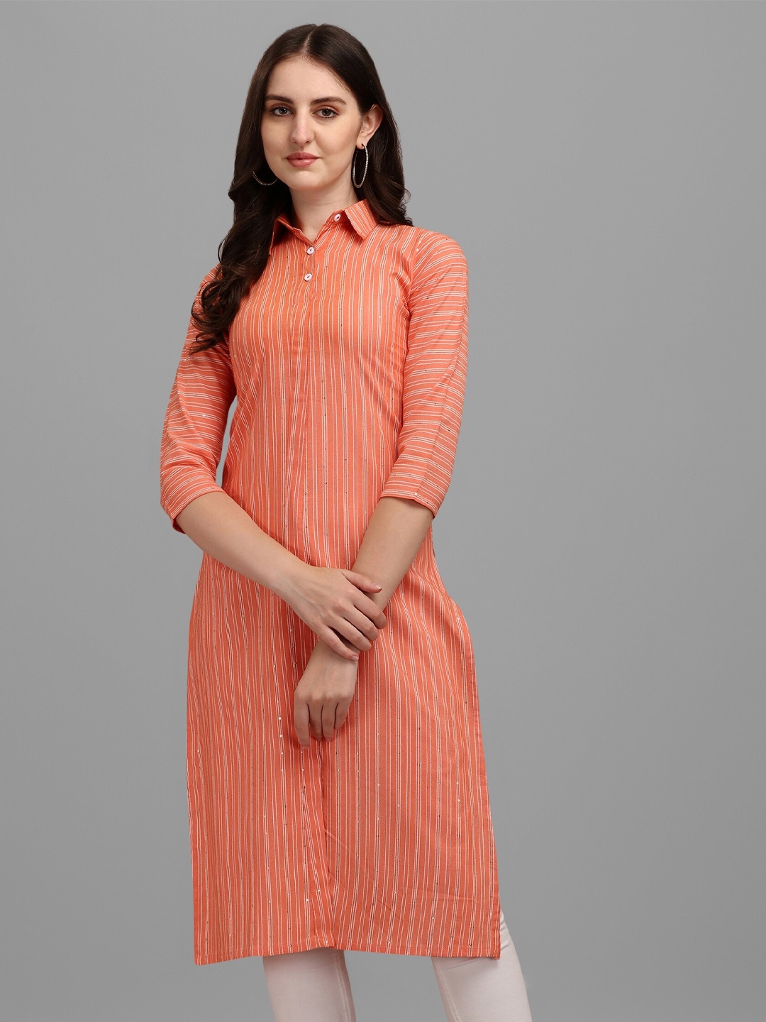 

Vaidehi Fashion Women Striped Shirt Collar Kurta, Orange