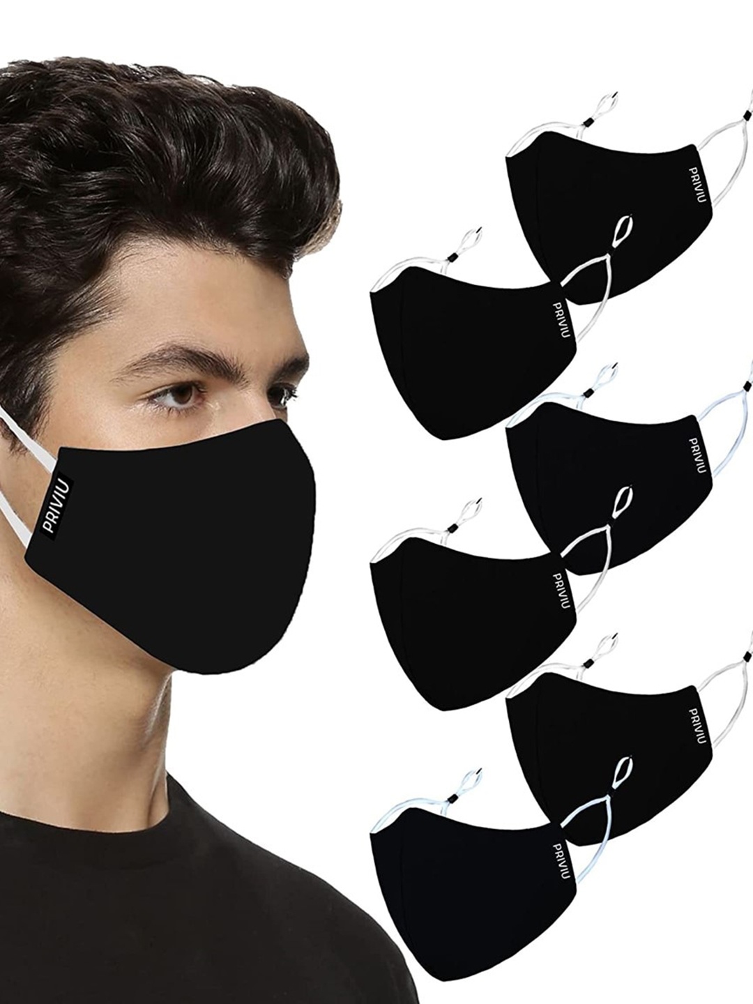 

PRIVIU Set of 6 Pure Cotton Face Masks, Black