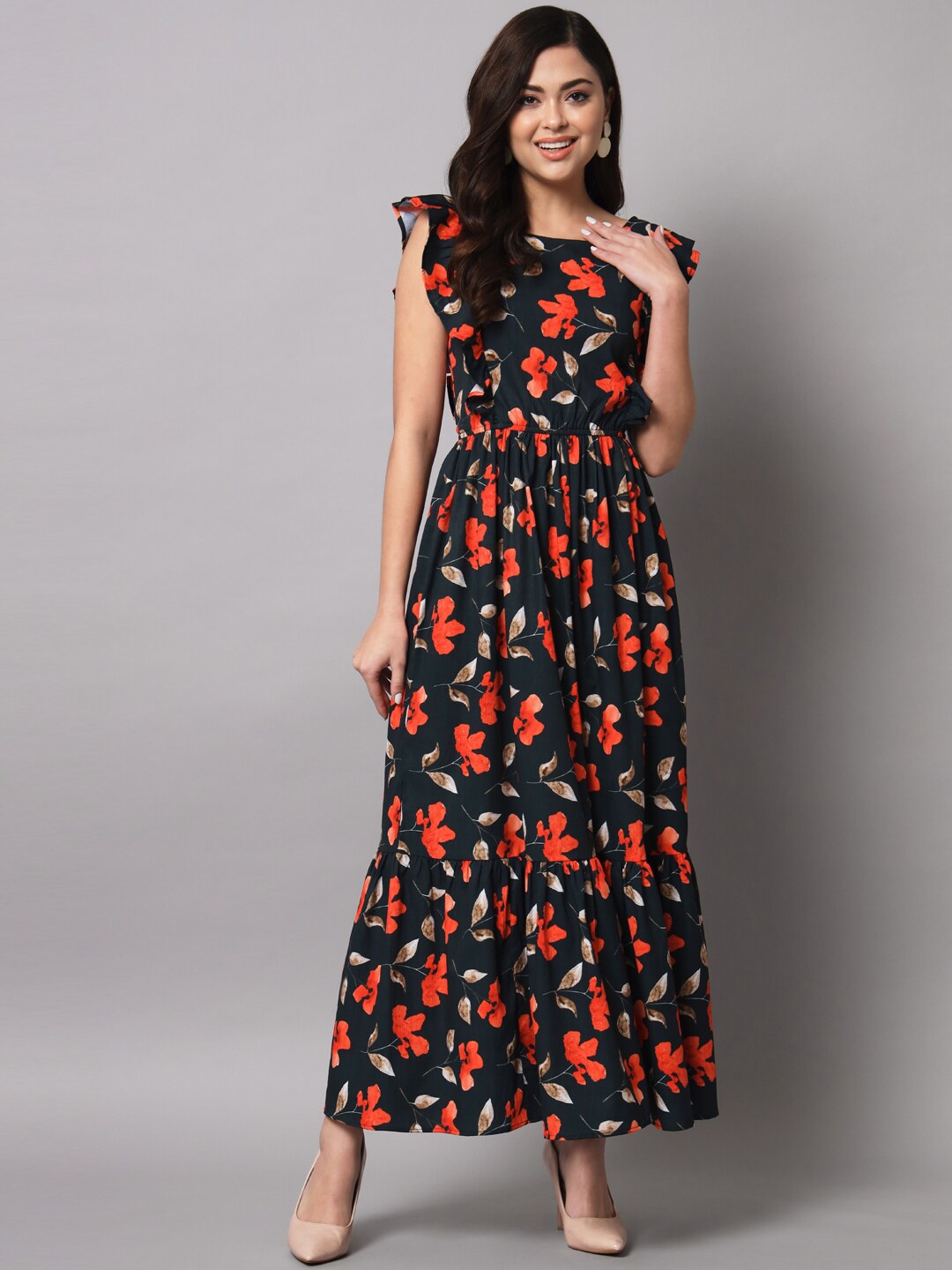 

The Vanca Floral Printed Flutter Sleeve Maxi Dress, Black