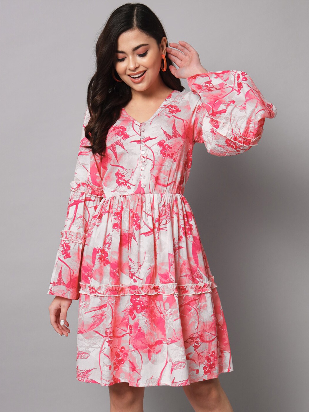 

The Vanca Floral Printed Fit And Flare Bell Sleeve Dress, Pink